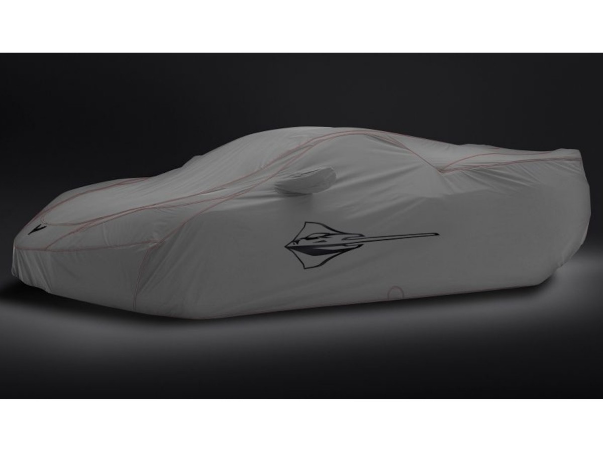 シボレー　アメ車　コンチネンタルキット　カバー Chevrolet Premium Outdoor Car Cover In Gray With Stingray Logo And